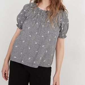 Madewell gingham shirred floral embroidered puff sleeve top S